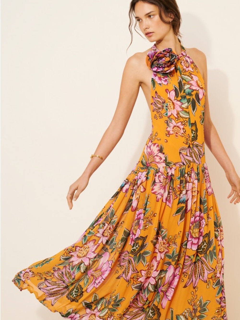 FARM Rio Mustard Floral Halter Maxi Dress with Pink & Green Accents